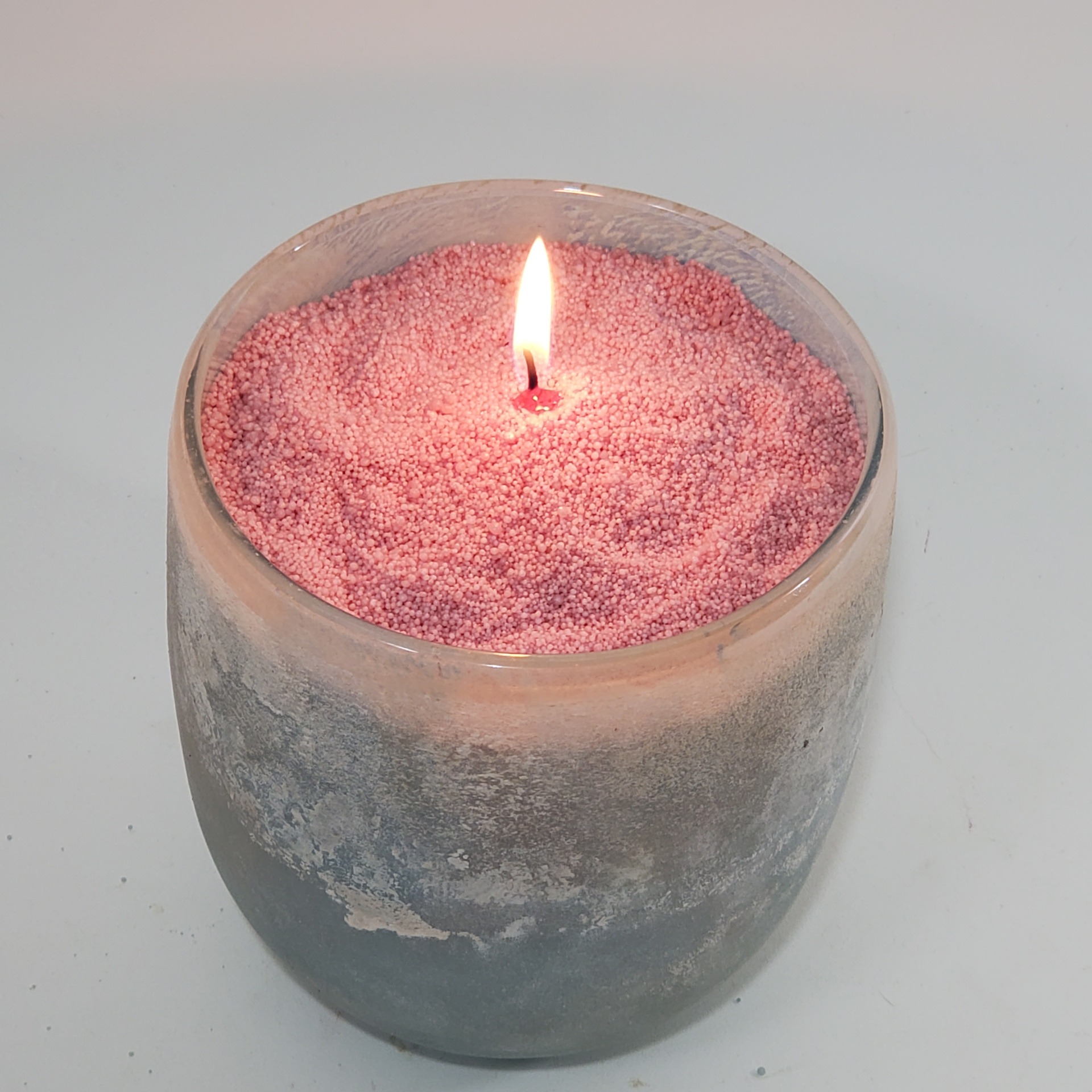 Repurposed Frosted glass filled with Soft Pink Candle Sand - Wax for Candles